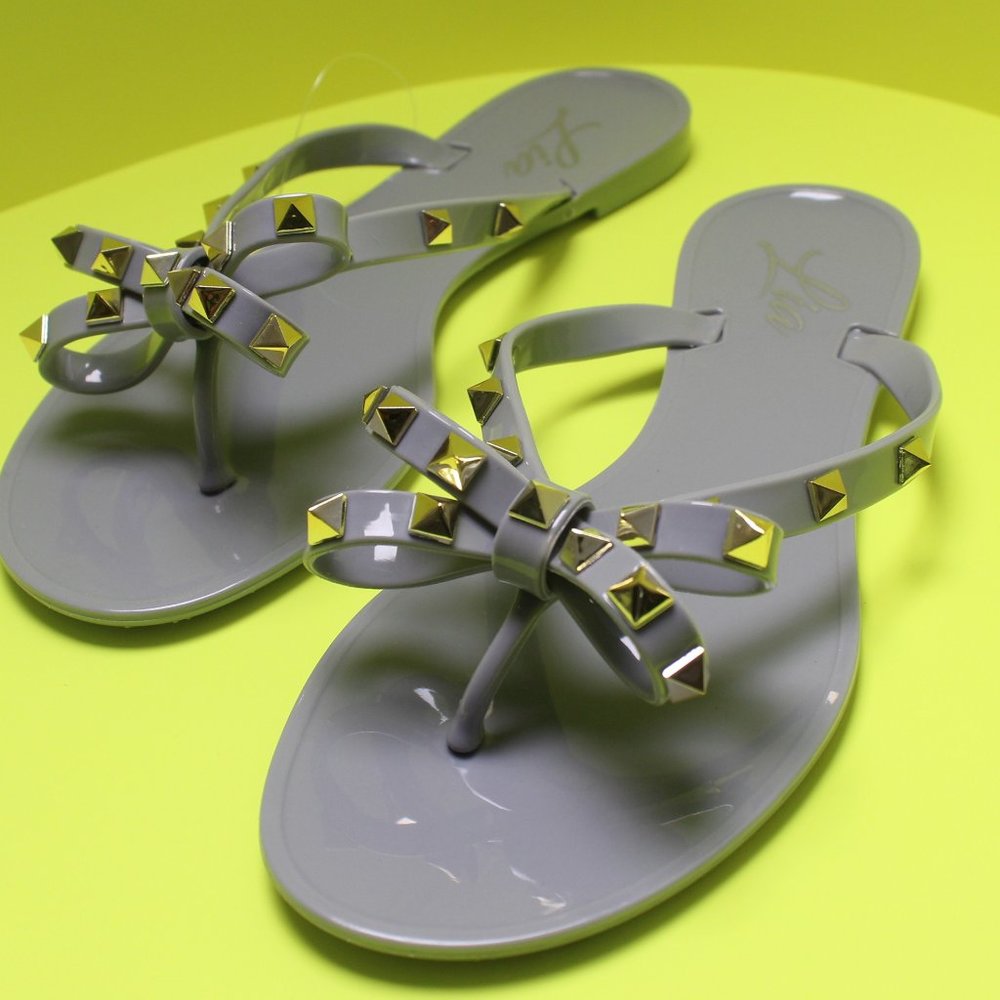 Jelly Rockstud flip flops studded bow flat sandals grey
